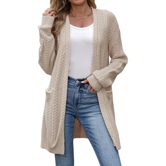 Women's Cable Knit Cardigan Sweater Longline Fall Jacket Pockets Cozy - Picture 1 of 5